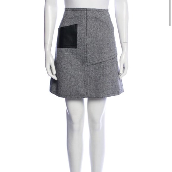 Sandro Grey Wool Mini Skirt Black Leather Pocket - Picture 1 of 15